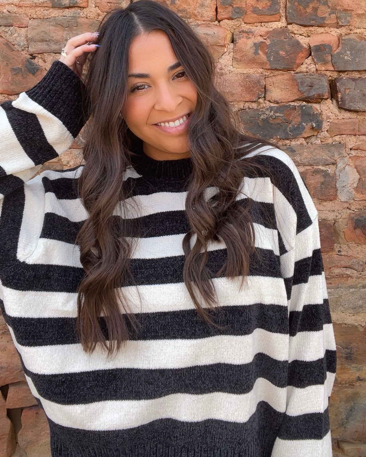 Tops | Sweater Black/Whip Cream Striped With Ribbed Edge