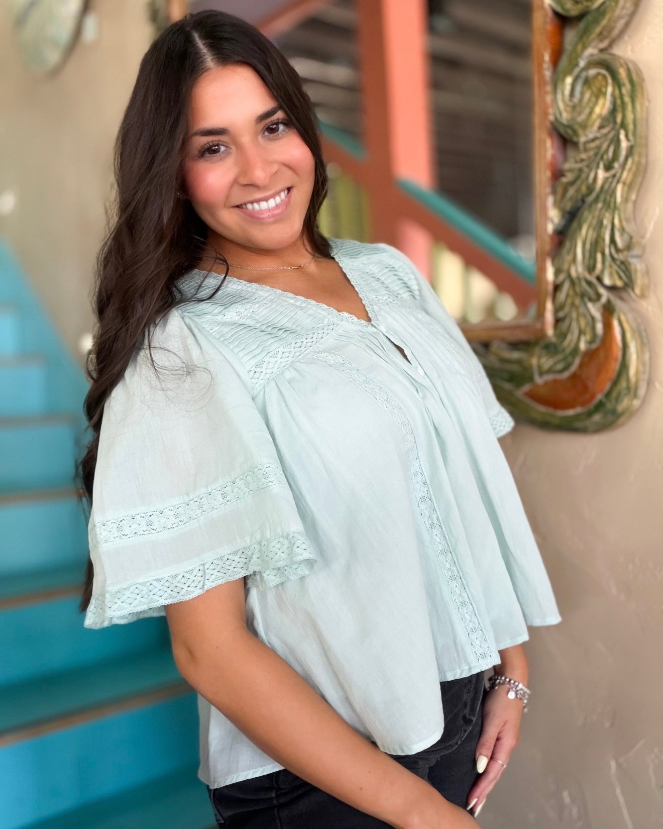 Mint Pintuck Pleated Blouse