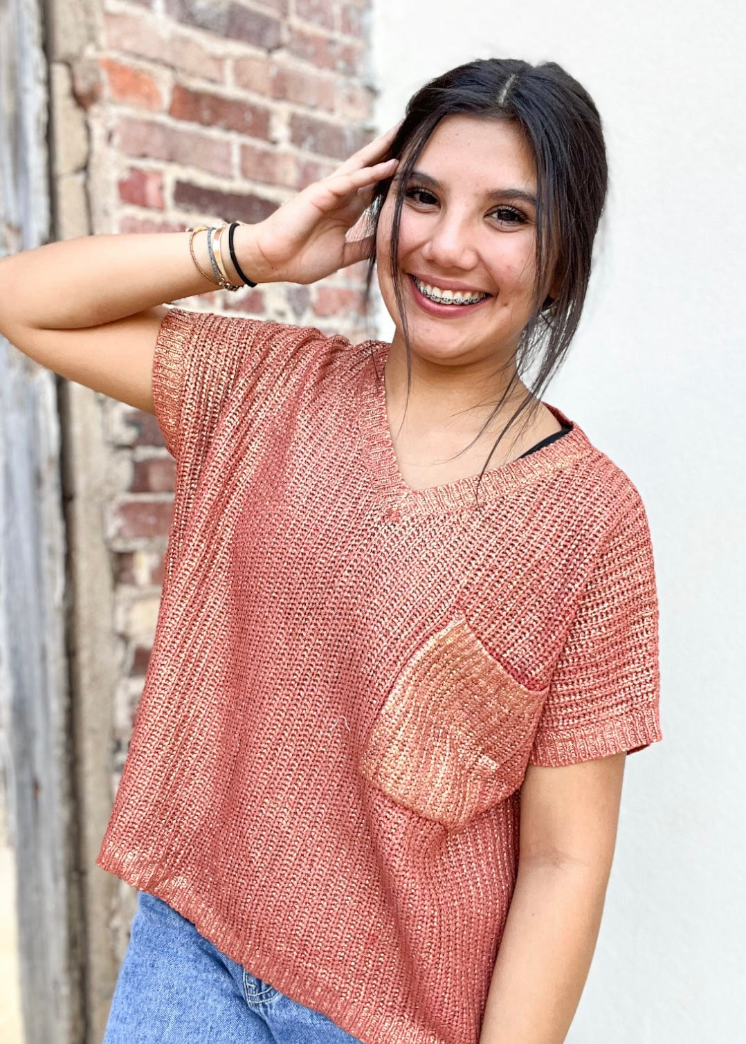 Top | Sweater Metallic Rust V Neck Short Sleeve With Chest Pocket Crop