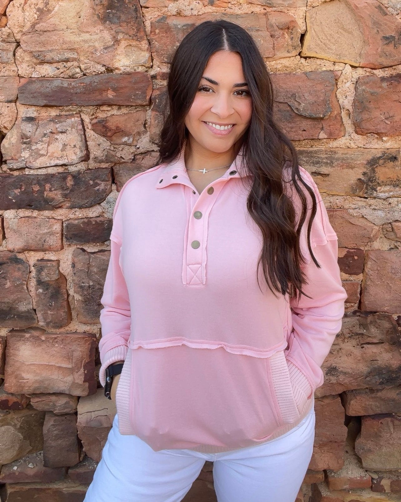 Tops | Sweatshirt Pink Exposed Seam Henley Snap