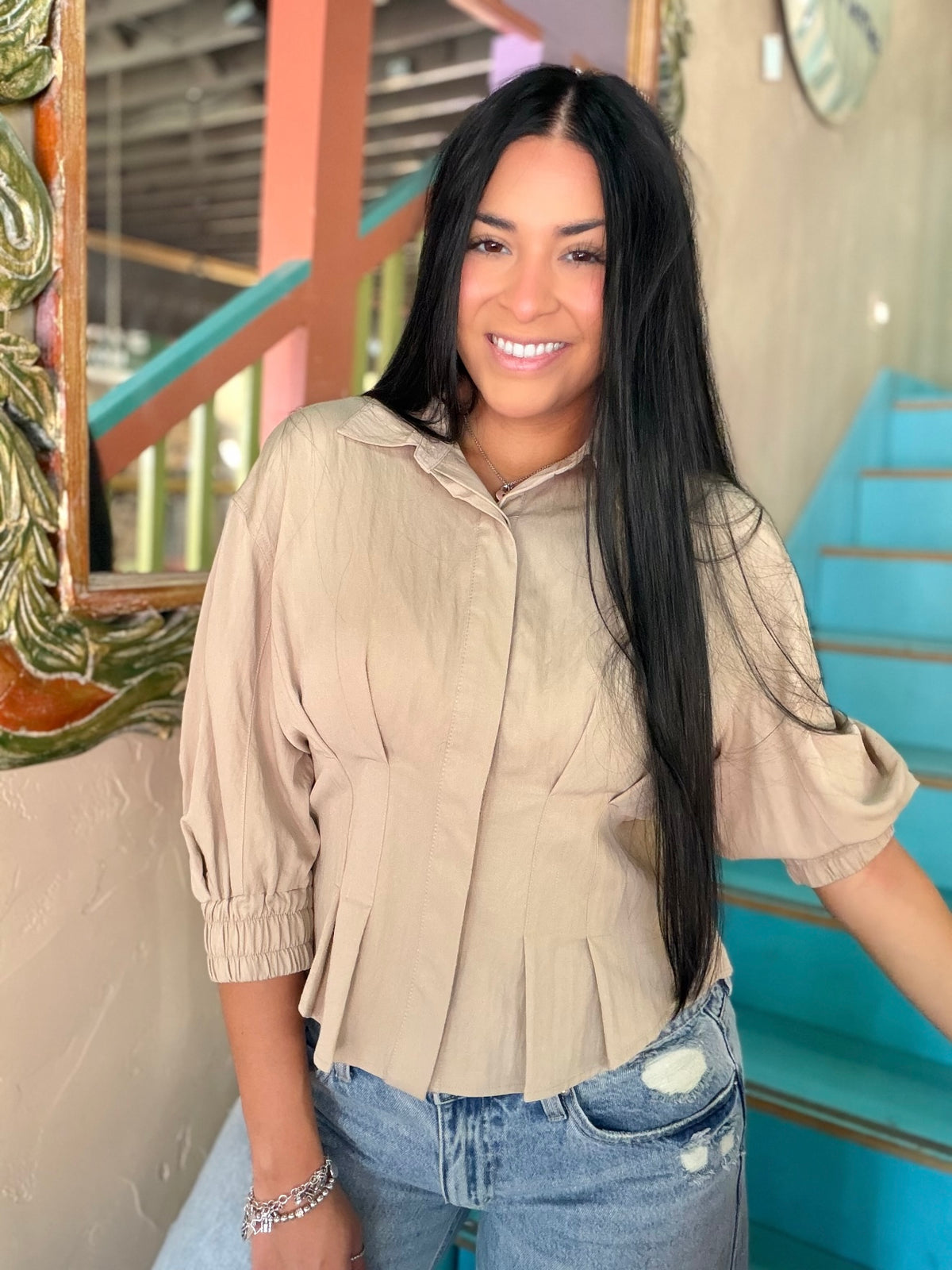 Blouse - Taupe Dart Button Down