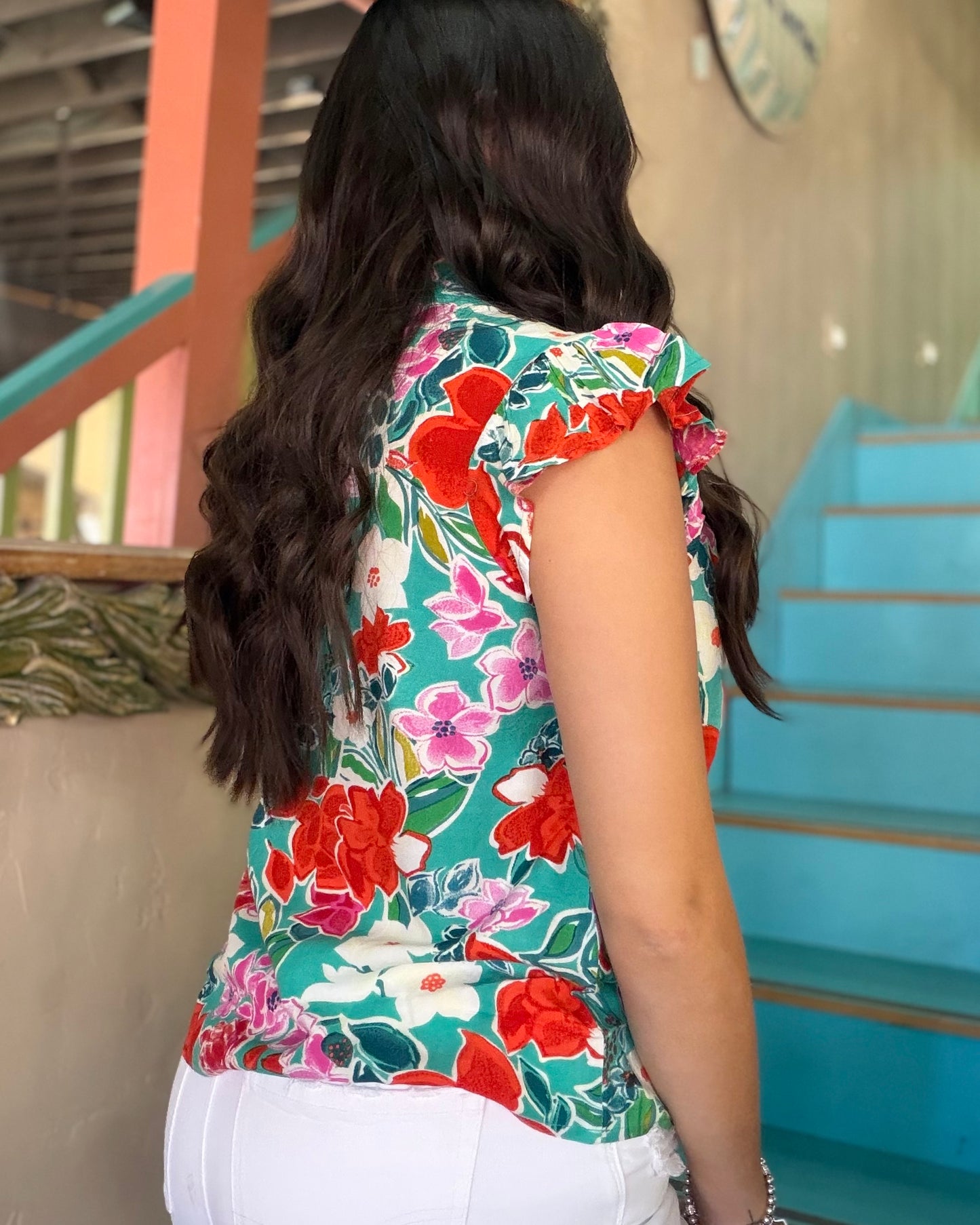 THML Floral Ruffle Sleeve Blouse