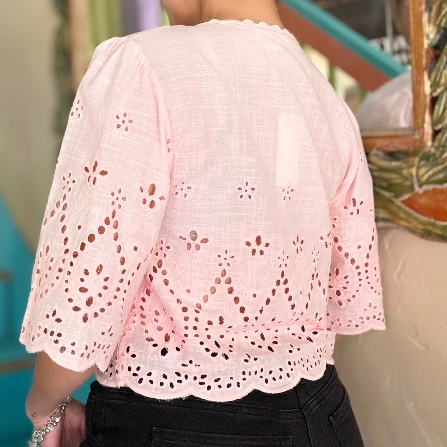 Blouse - Pink Cotton Embroidered V-Neck