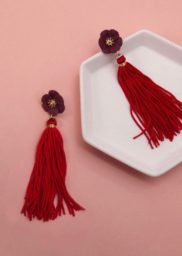 Earrings | Red Flower Thread Tassel Drop Earring