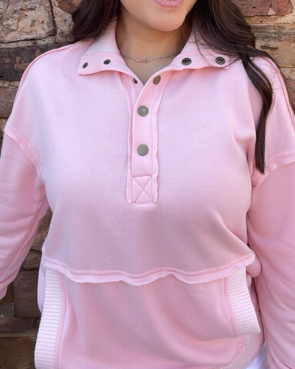 Tops | Sweatshirt Pink Exposed Seam Henley Snap