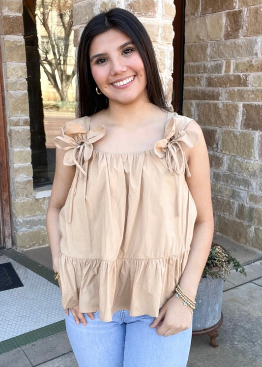 Top | Mocha Floral Bow Accent Sleeveless Tank Top