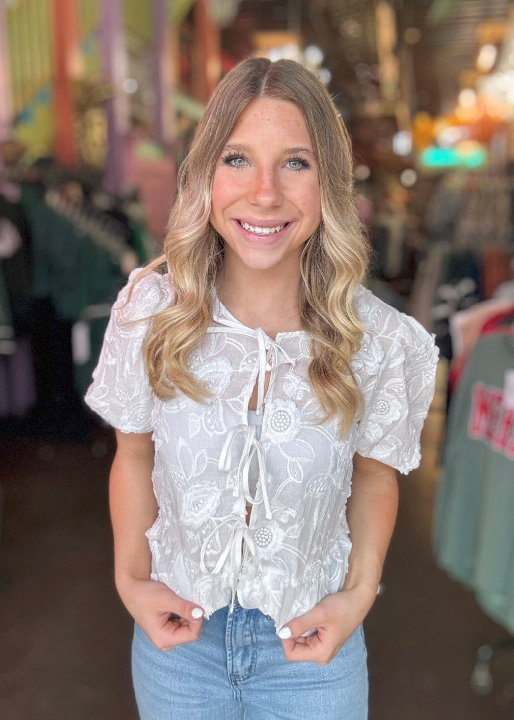 Top | Blouse Bow Tie Front White Embroidered Short Sleeve
