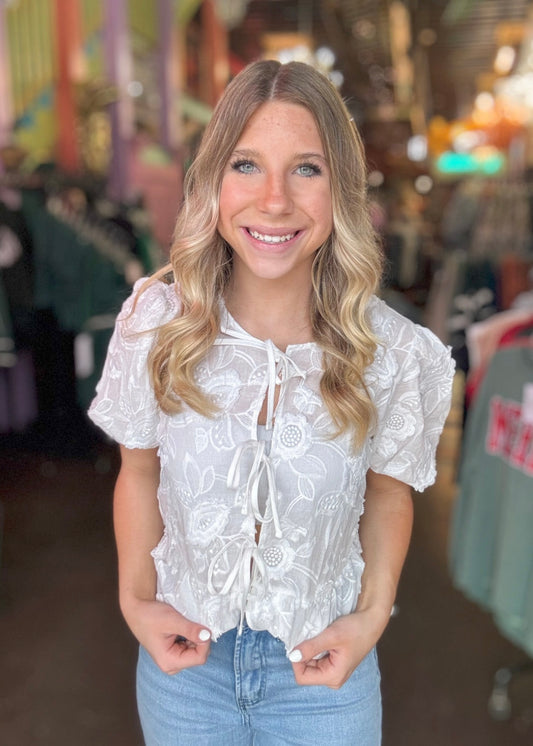 Top | Blouse Bow Tie Front White Embroidered Short Sleeve