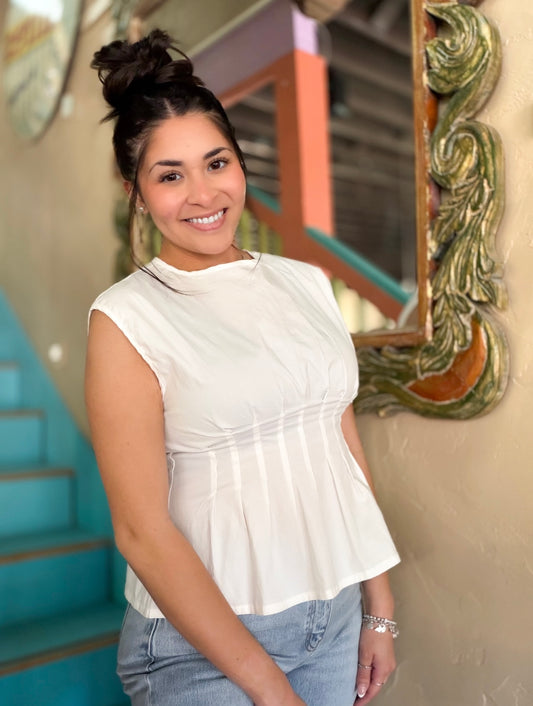 White Pleated Peplum Blouse