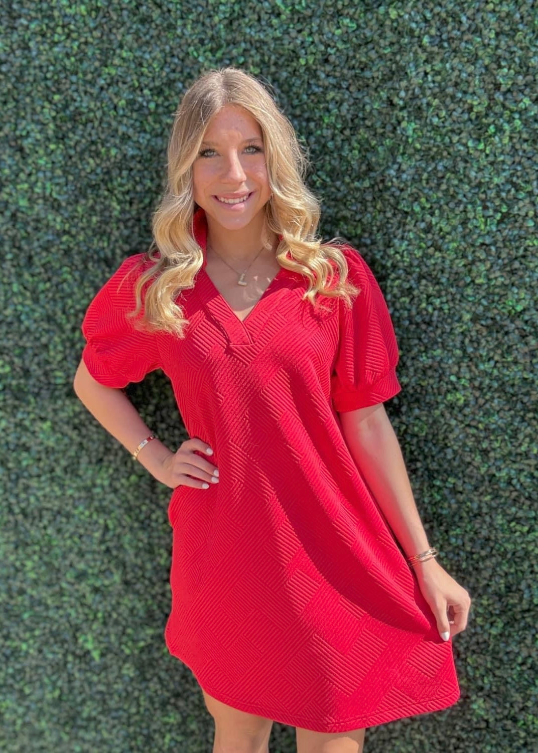 Dress | Jodifl Red Textured Open Collar V Neck Mini Puff Sleeves Dress