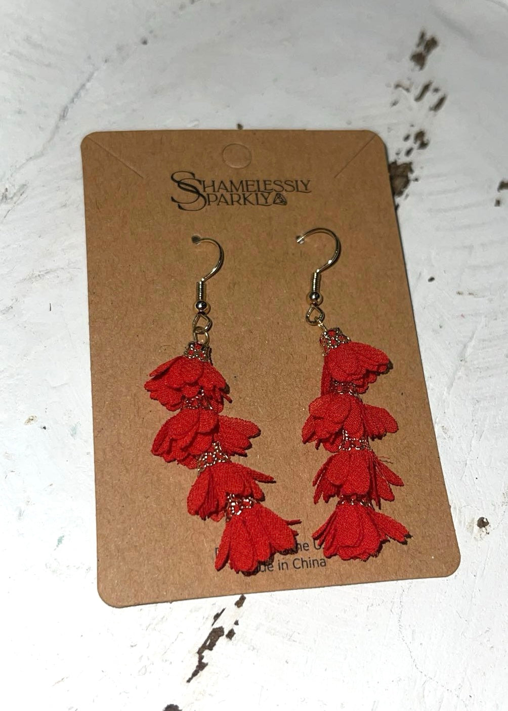 Earrings | Red Boho Fabric Flower Drop Earrings