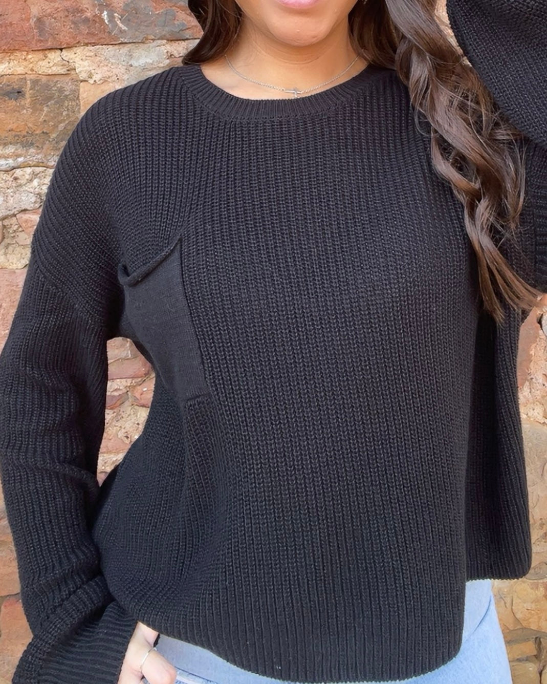 Tops | Sweater Black Pocket Detailed Crew Neck
