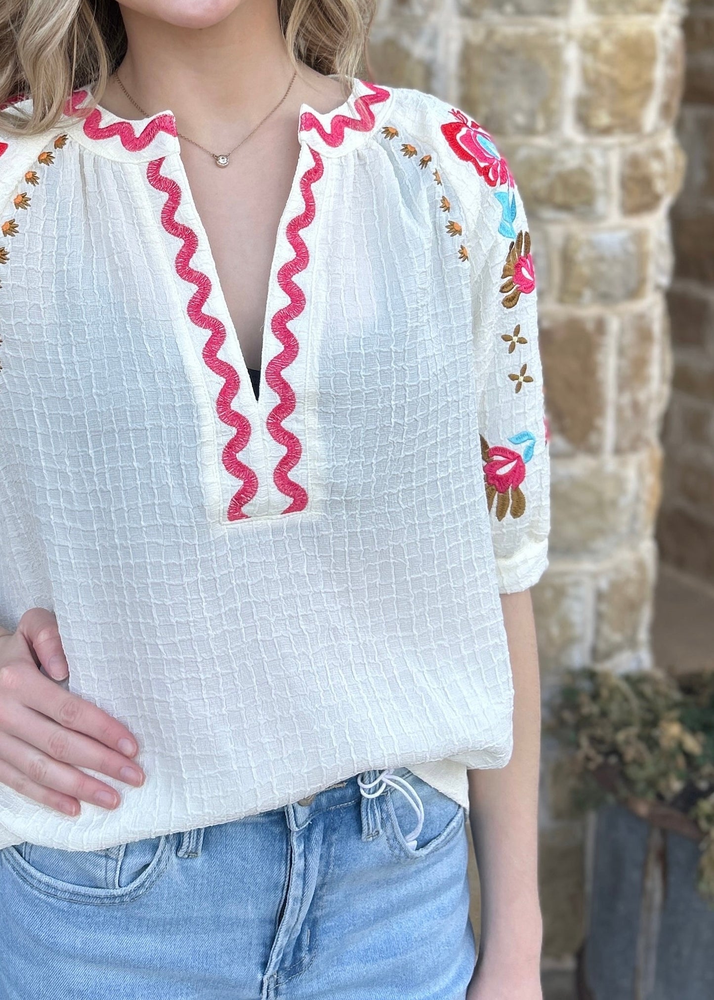 Top | Floral Embroidered Ricrac V Neck Blouse