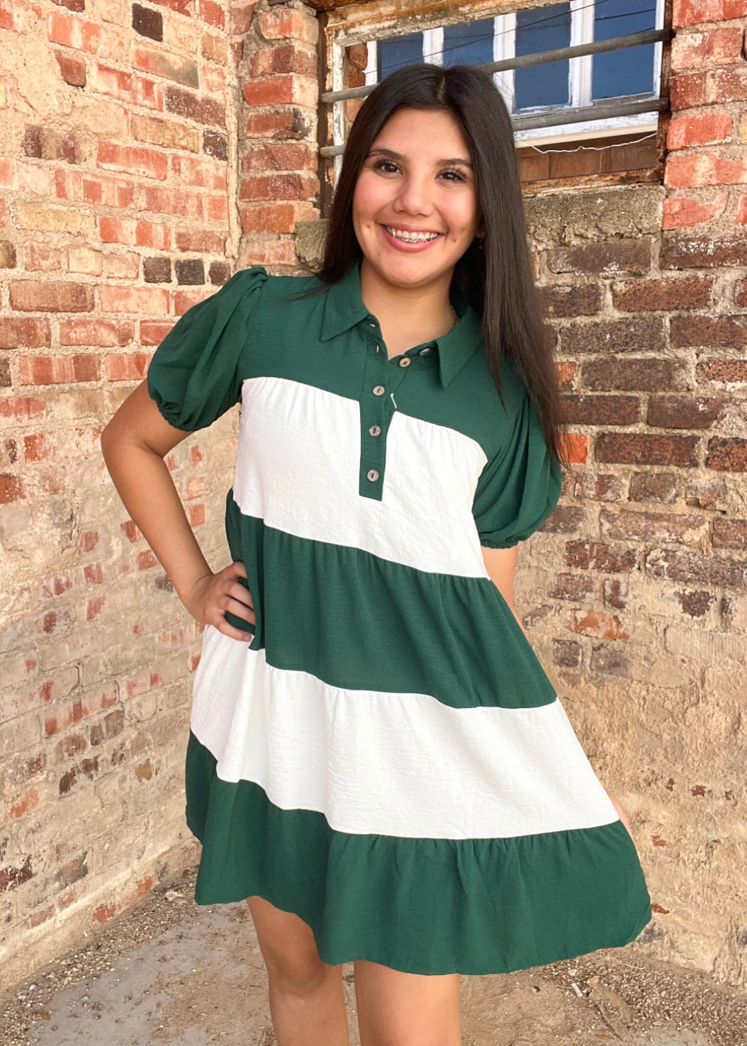 Dress | Forest Green/White Tiered Game Day Wide Stripes Puff Sleeve Button Placket