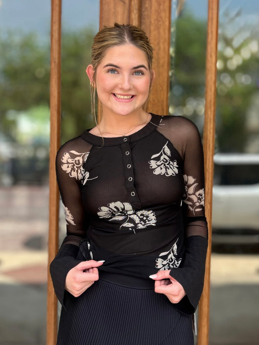 Top - Black Floral Mesh Long Sleeve