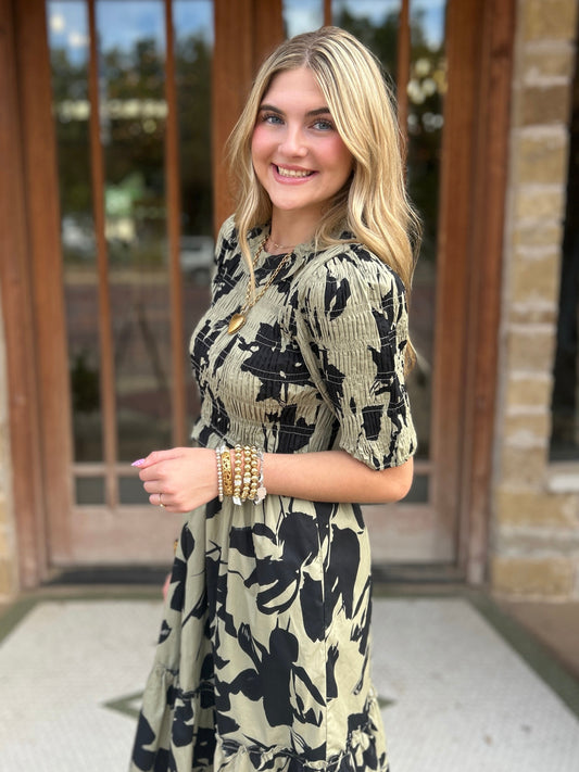 Dress | Midi Olive Floral Print Smocked Bodice Back Keyhole