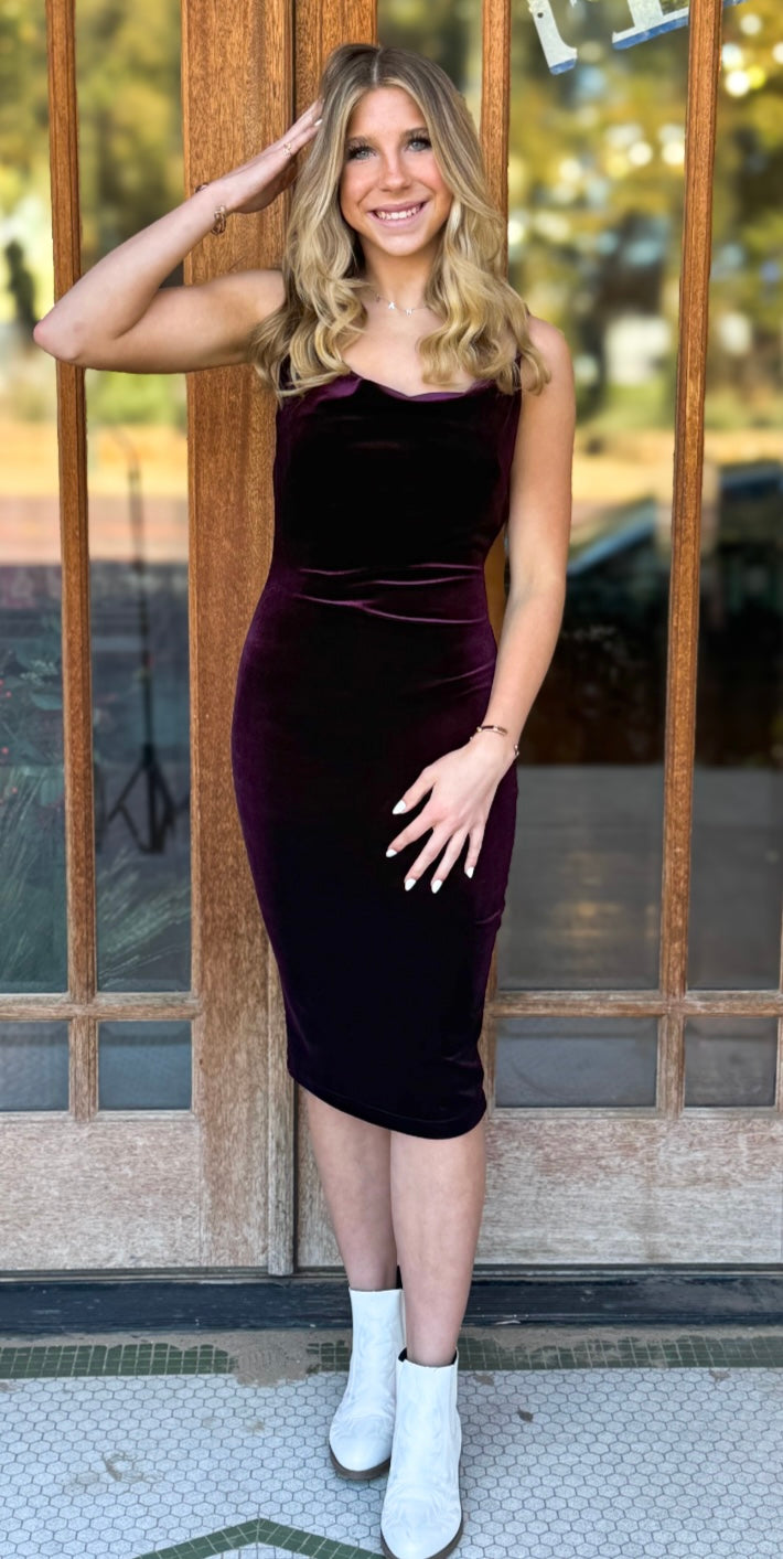 Dress | Velvet Rasin Cowl Neck Midi Dress