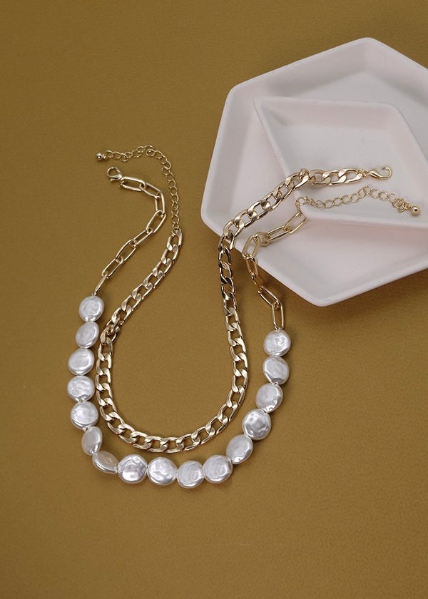 Necklace | Flat Pearl Double Layer Gold Necklace