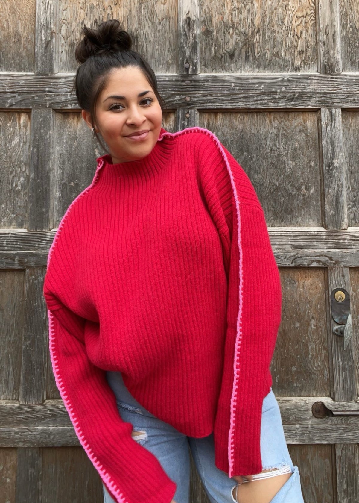 Top | Jodifl Sweater Red w/Pink Crochet Detailing