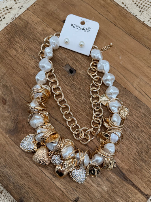 Jewelry | Necklace Chunky Heart Charm Pearl Beaded Layered