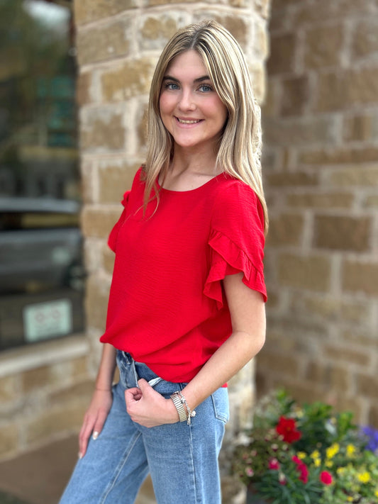 Red Solid Round Neck Ruffle Sleeve Loose Fit Blouse