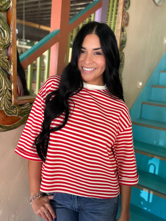 Sweater - Red & Cream Striped Long Sleeve