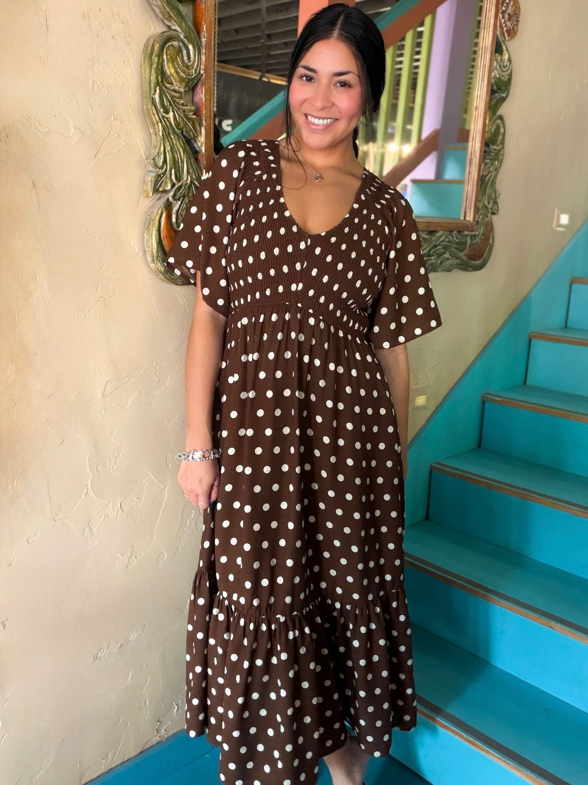 Dress - Polka Dot Smocked Midi