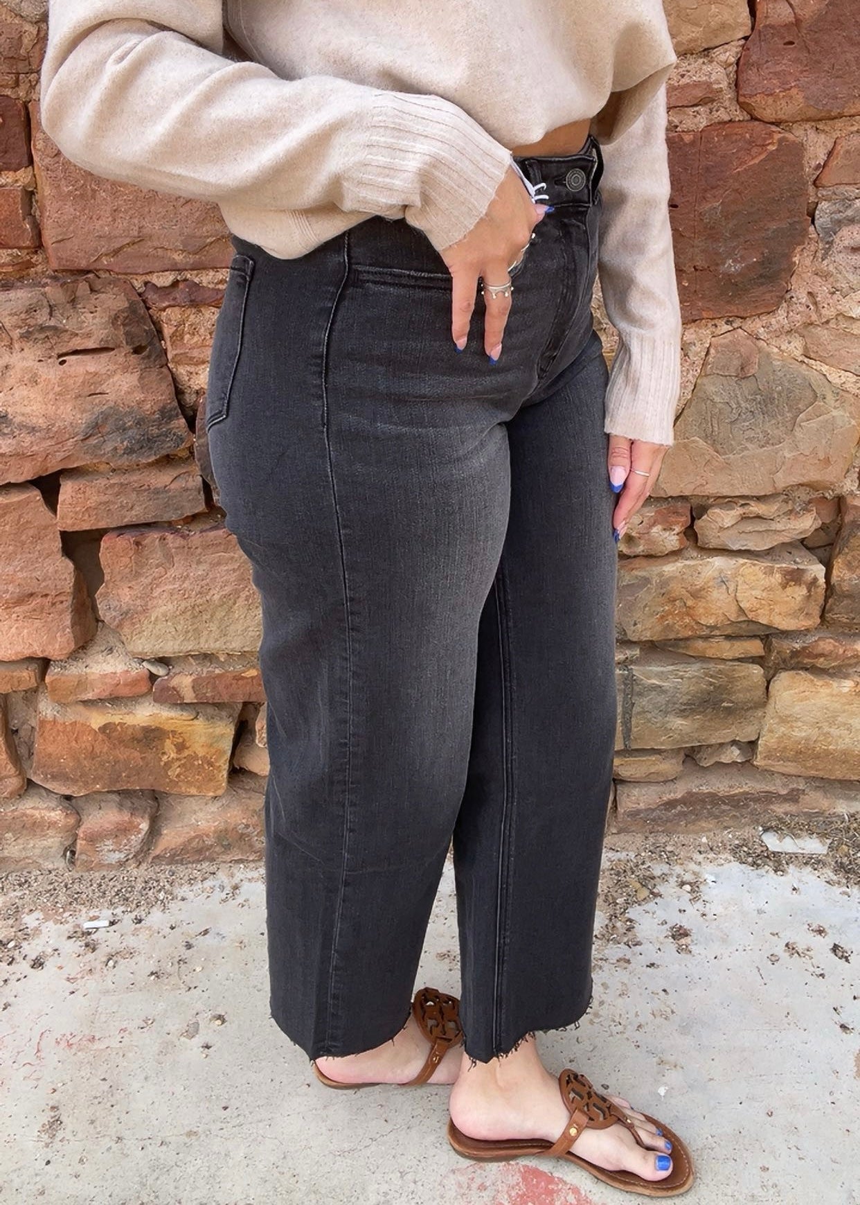 Bottoms | Flying Monkey High Rise Clean Cut Raw Hem Crop Wide Leg