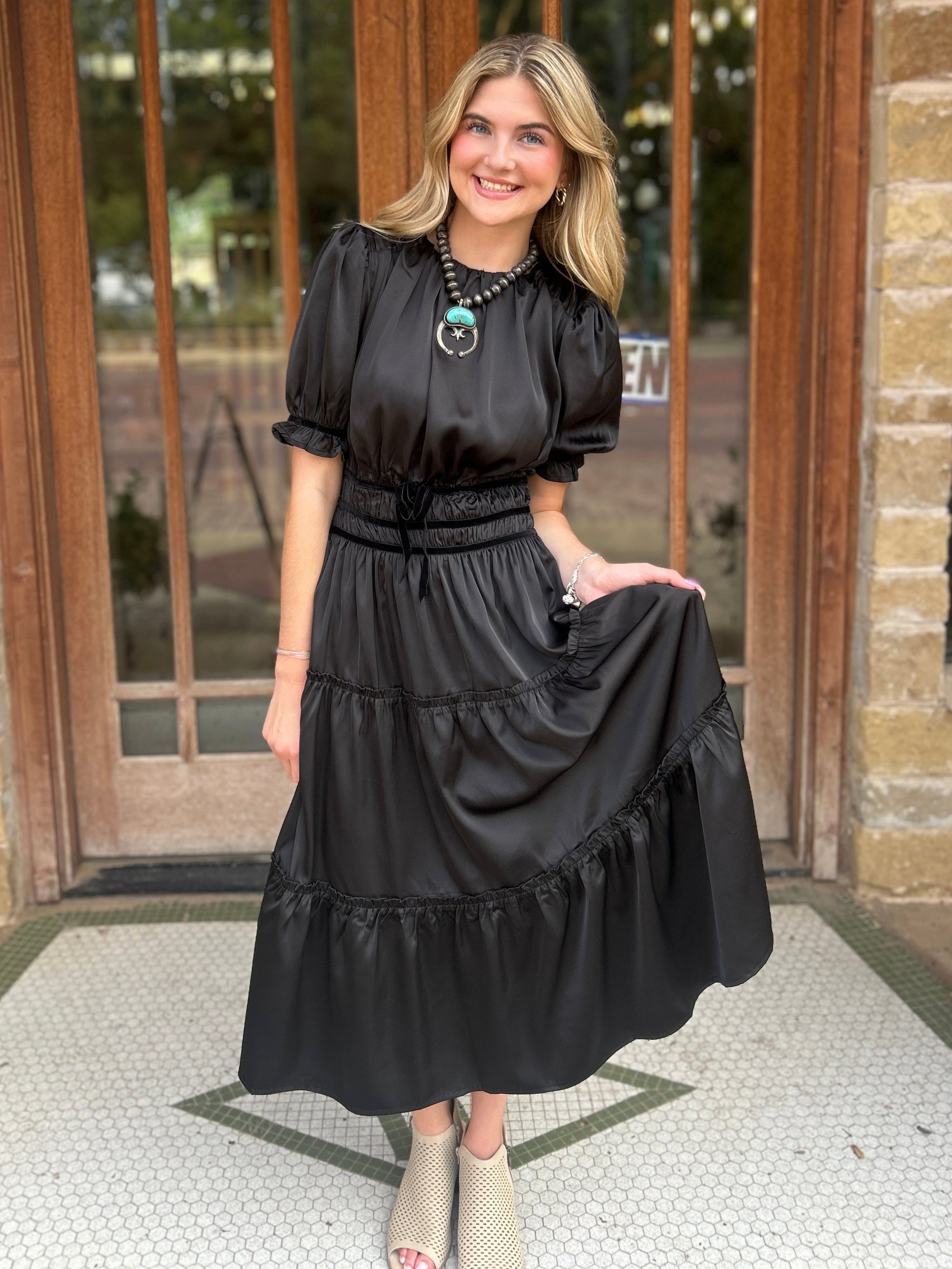 Velvet Trim Rushed Satin Black Dress S Velvet Trim Rushed Satin Black Dress S