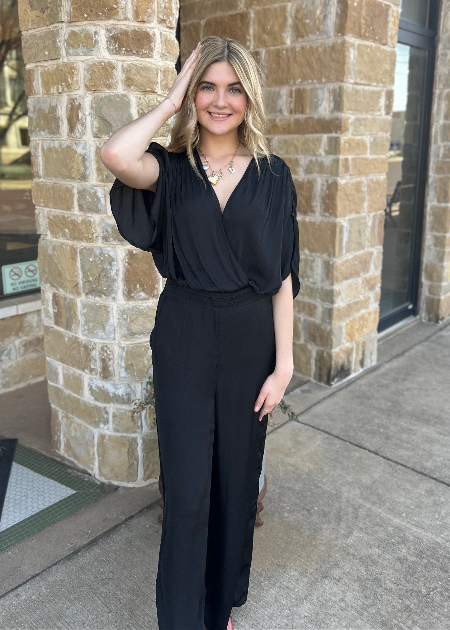 Jumpsuits | Black Split Sleeve Satin Elastic Waist