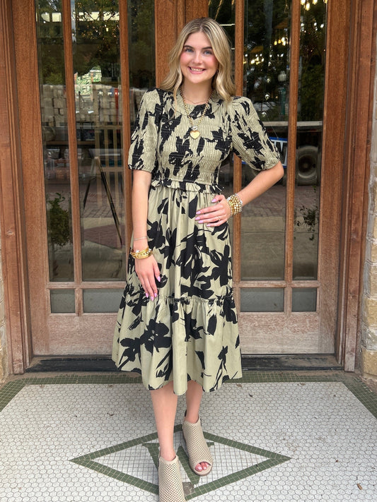 Dress | Midi Olive Floral Print Smocked Bodice Back Keyhole