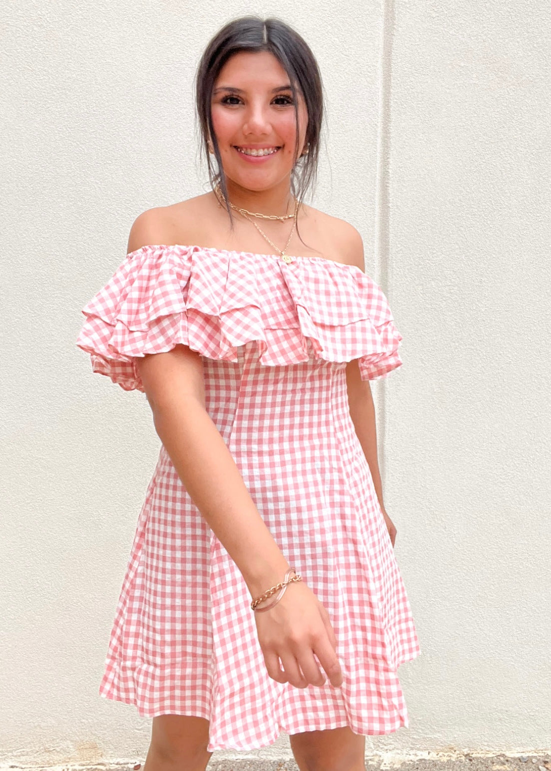 Dress | Coral Off Shoulder Check Ruffled