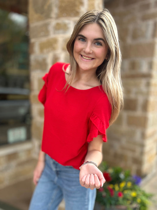 Red Solid Round Neck Ruffle Sleeve Loose Fit Blouse