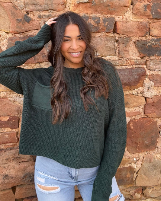 Tops | Sweater Dark Green Pocket Detailed Crew Neck