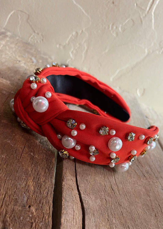 Hair Accessory | Red with Pearls & Clear Stones Headband