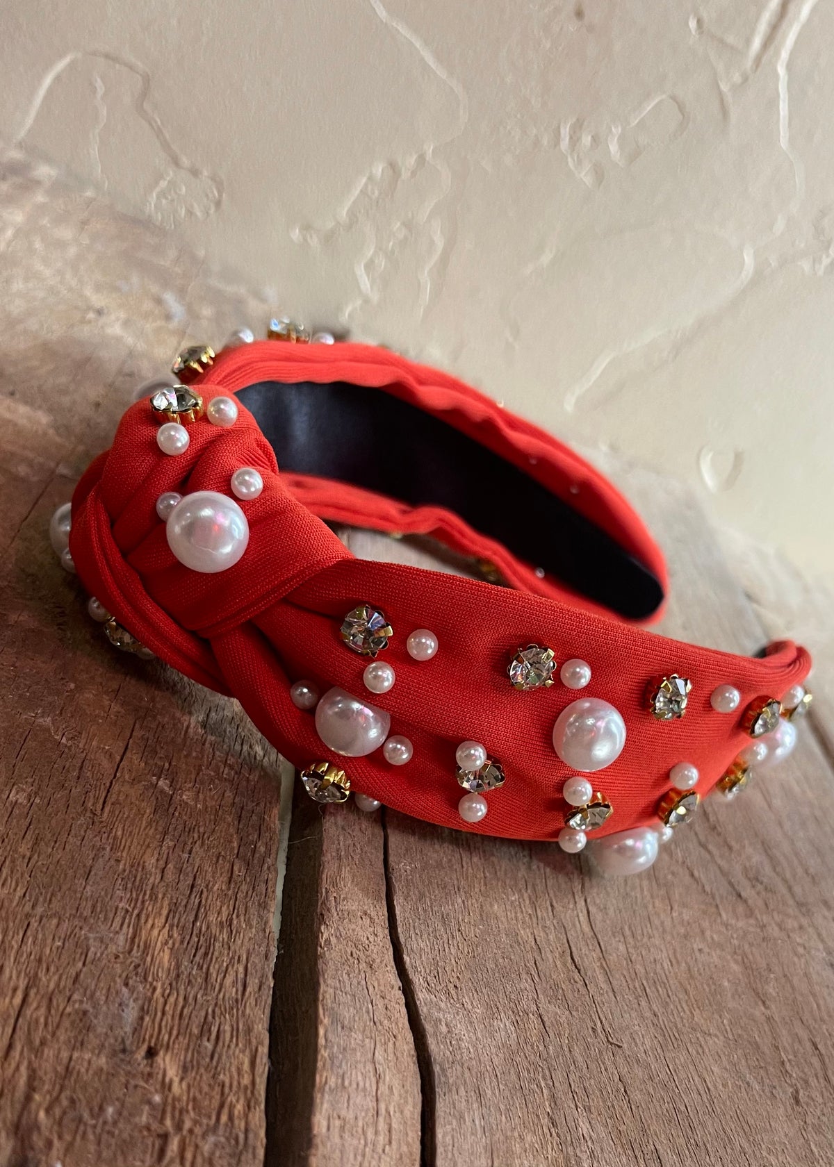 Hair Accessory | Red with Pearls &amp; Clear Stones Headband