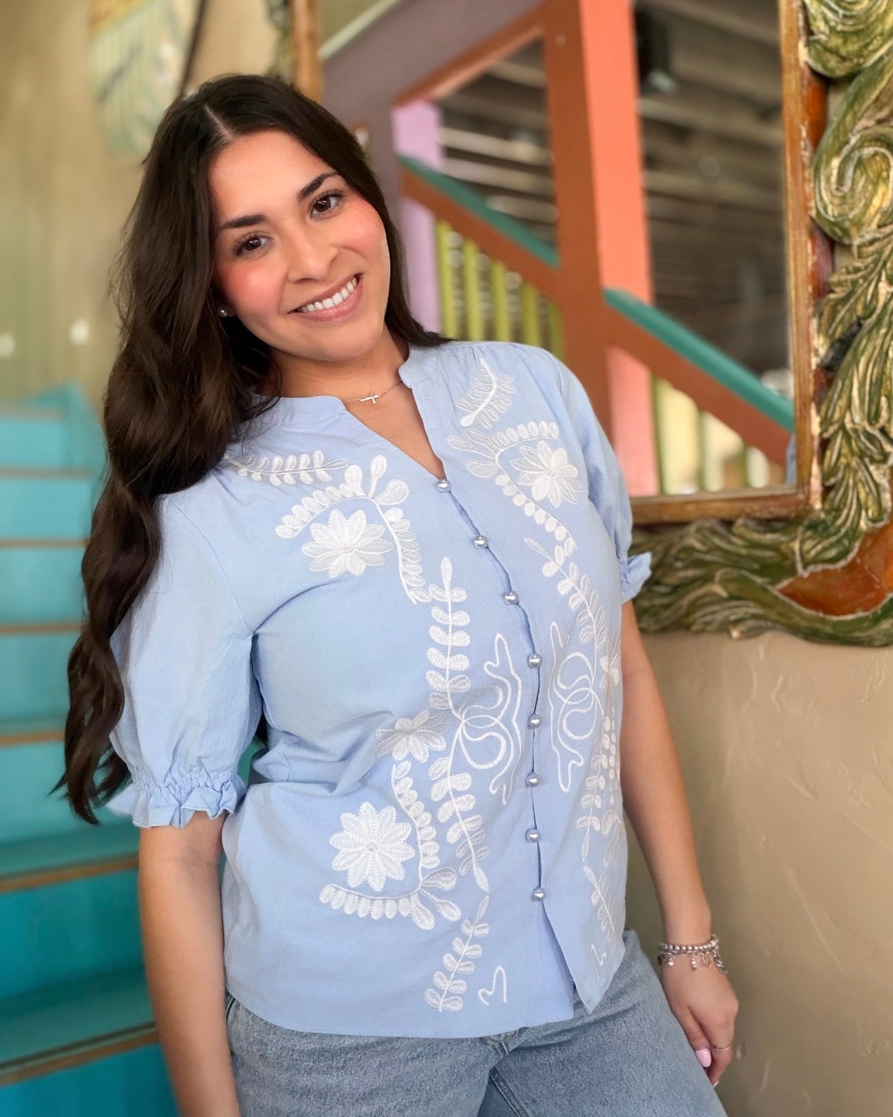 Sky Boho Puff Sleeve Blouse