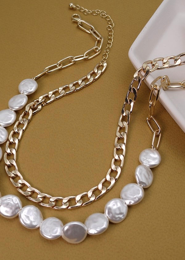 Necklace | Flat Pearl Double Layer Gold Necklace