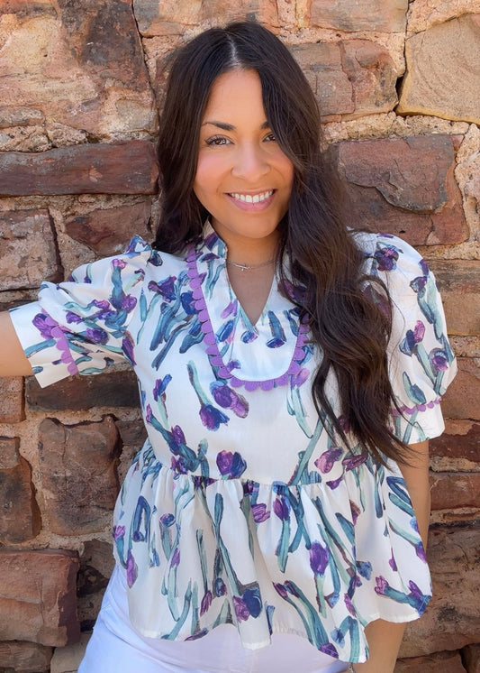 Tops | Blouse Purple Ricrac Trim Half Sleeve Peplum