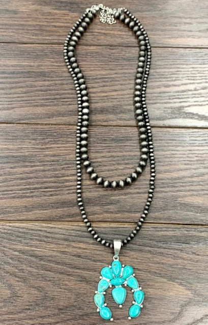 Necklace | Squash Blossom Turquoise Pendant Navajo Pearl Necklace