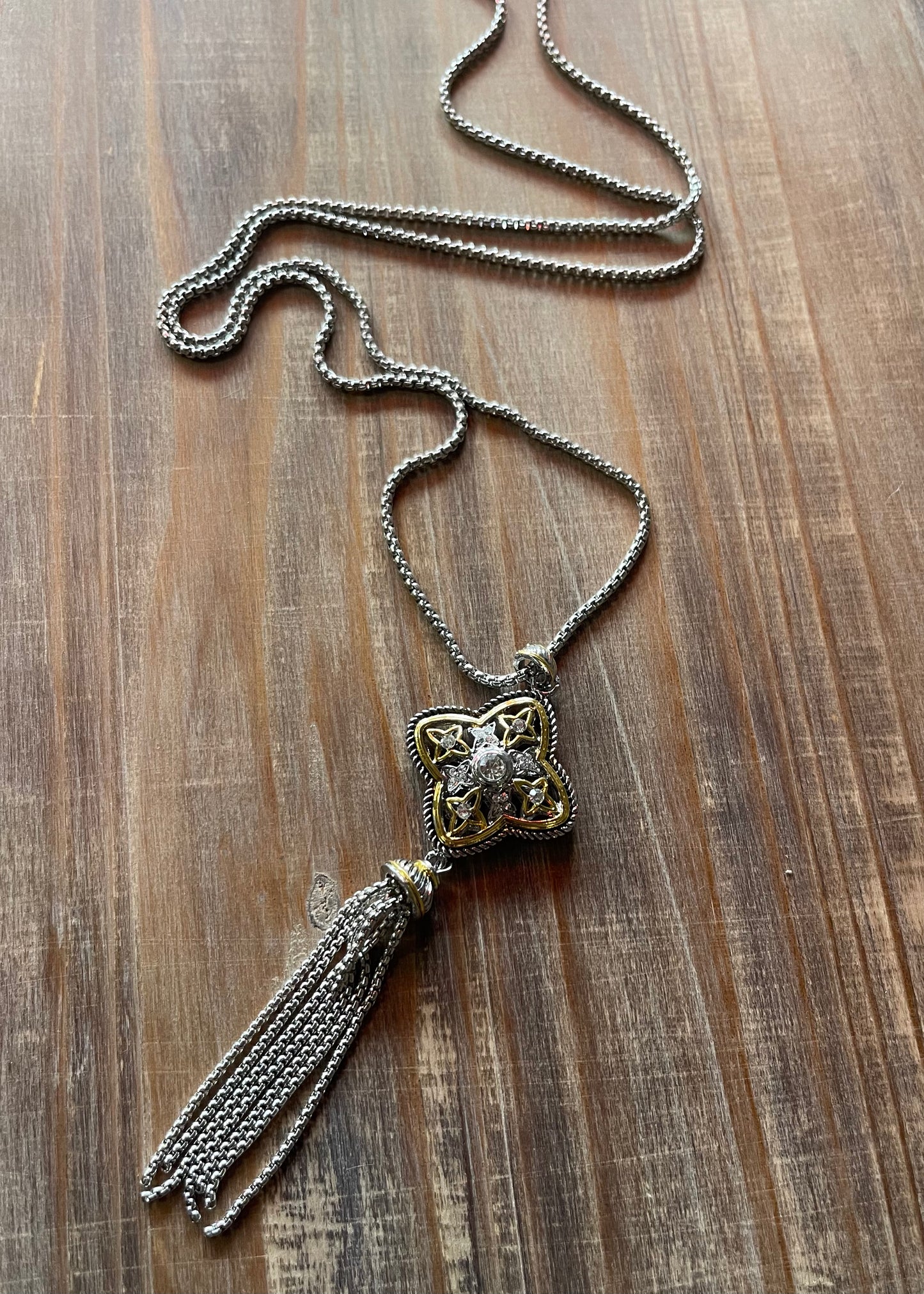 Necklace | Two Tone Floral Tassel Long Necklace