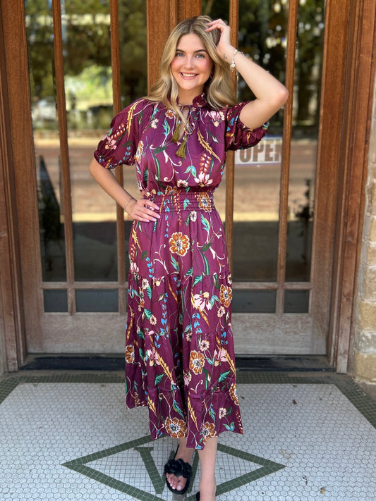 Dress | THML Maxi Smocked Waist Tassel Floral