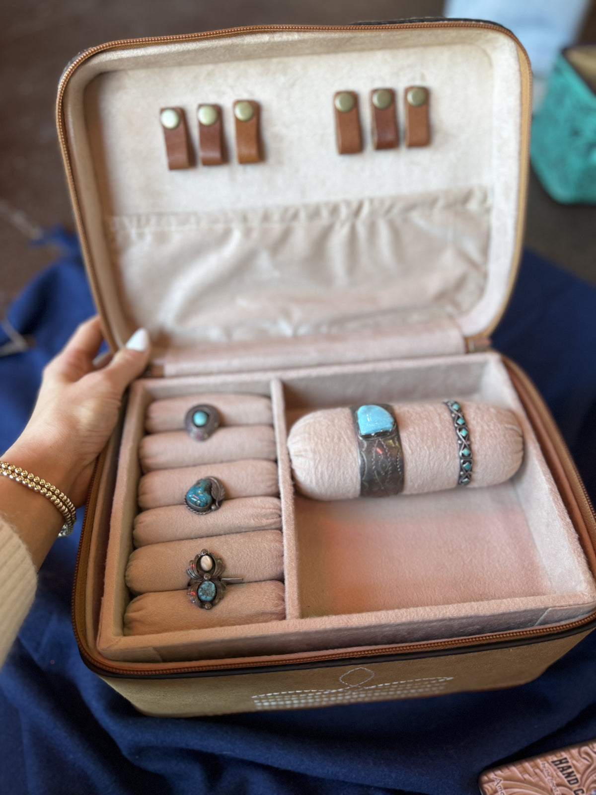 Jewelry Storage | Tan Bootstitch Suede Leather &amp; Tooled Jewelry Box