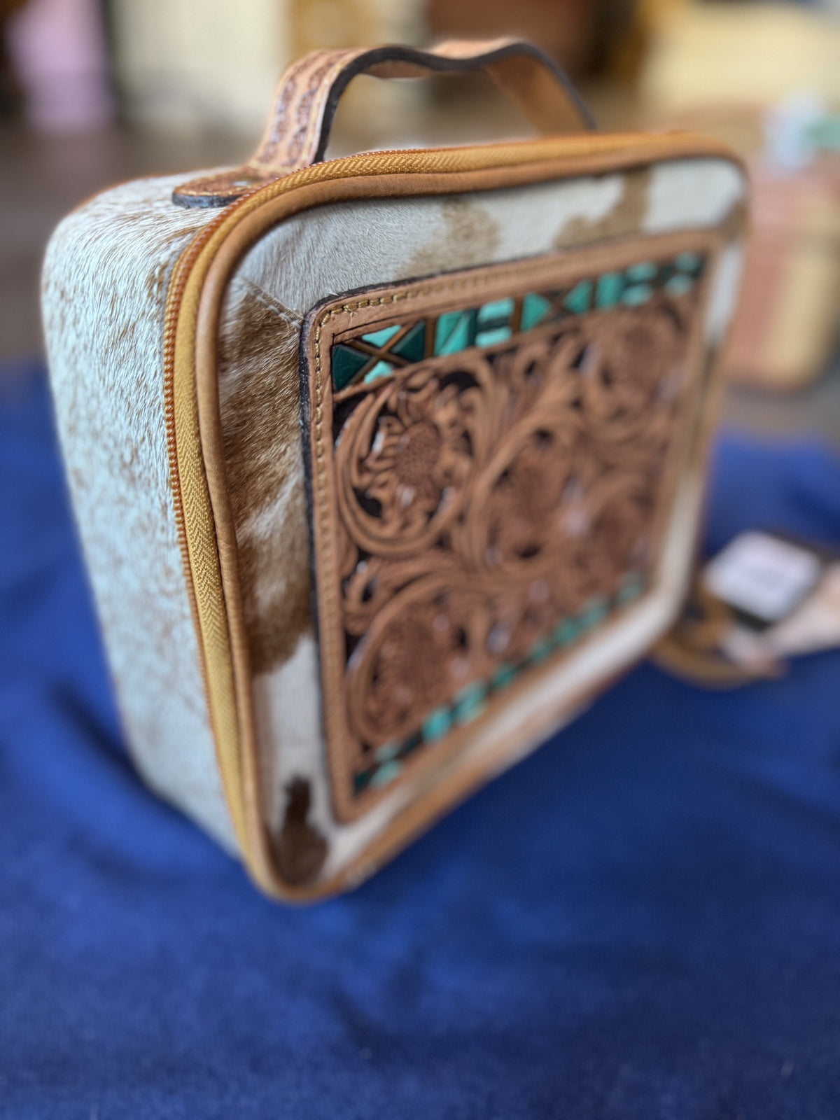 Jewelry Storage | Blue Hand Tooled Top Genuine Western Leather Case