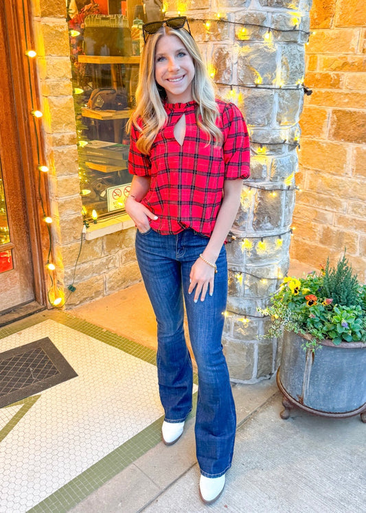 Top | Blouse Woodland Red Plaid Split Neck with Front Botton Closure Modified Puff Sleeves