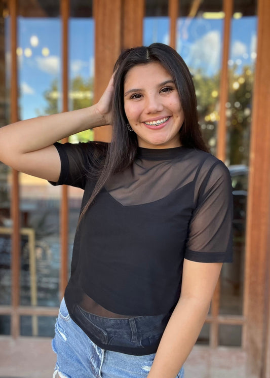 Top | Blouse Black Short Sleeve Mesh