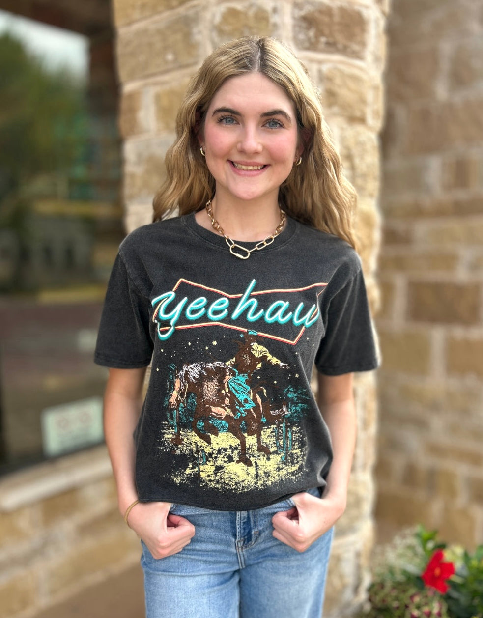 Yee Haw Cowboy Vintage Black Graphic Washed Faux Crop Tee