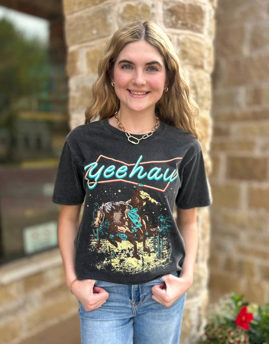 Yee Haw Cowboy Vintage Black Graphic Washed Faux Crop Tee