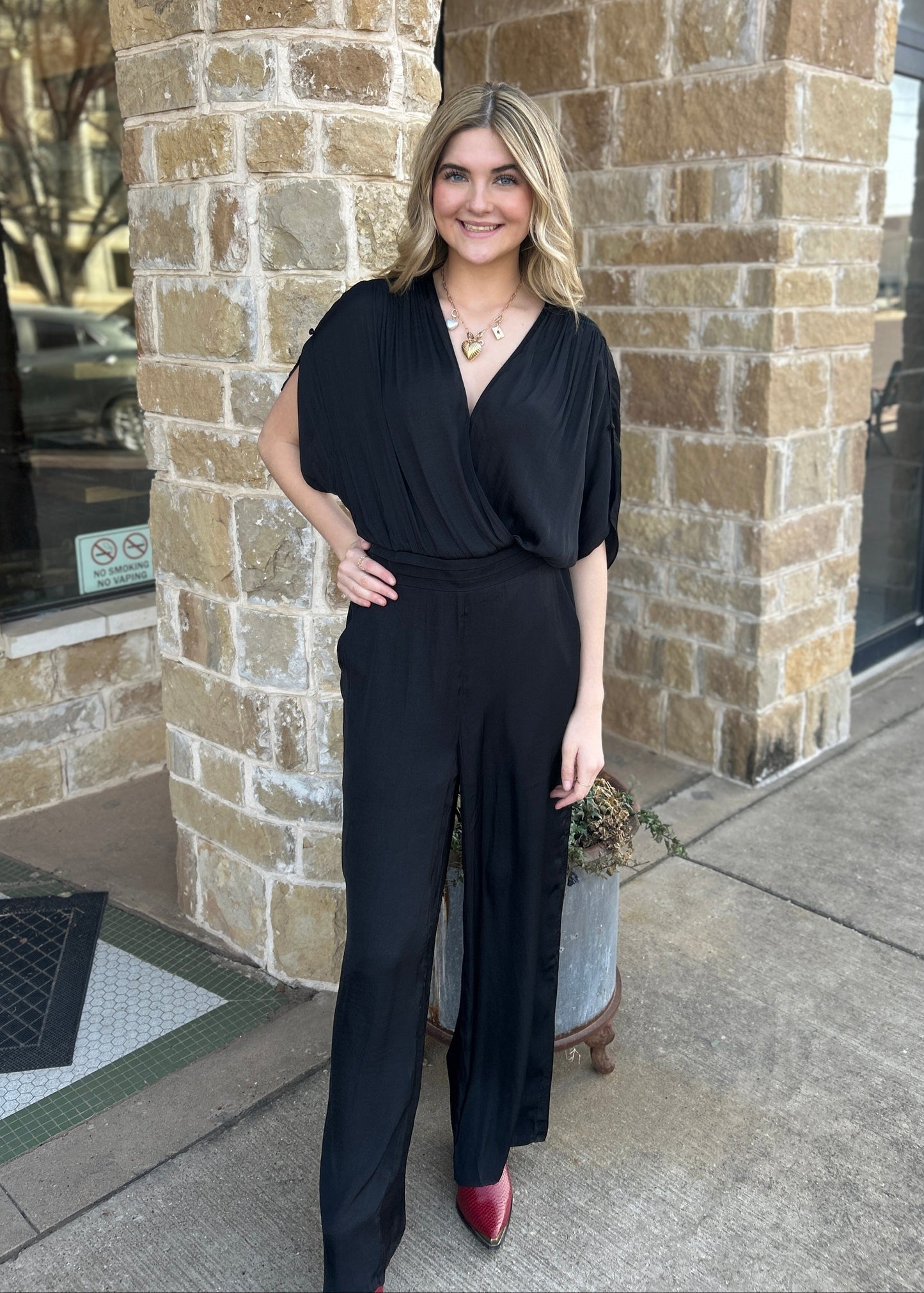 Jumpsuits | Black Split Sleeve Satin Elastic Waist