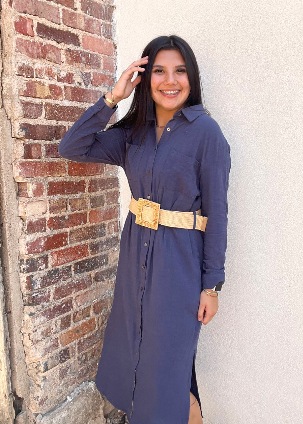 Dress | Navy Midi Length Long Sleeve Button Down With Belt